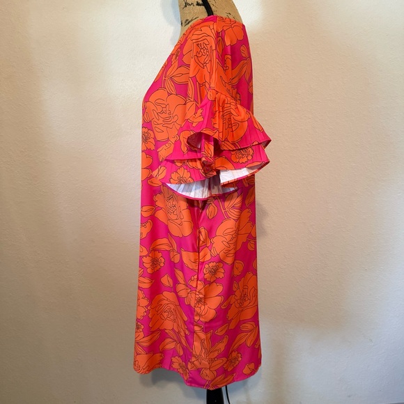 Hot pink and orange floral print dress featuring ruffled sleeves medium - Picture 4 of 11